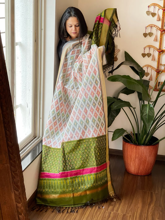 White Handwoven Ikat Dupatta Pure Silk-Cotton