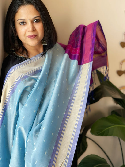 Blue Handwoven Ikat Dupatta Pure Silk-Cotton