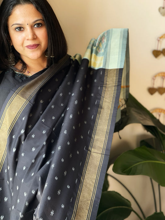 Black Handwoven Ikat Dupatta Pure Silk-Cotton