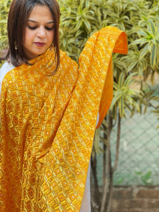 Yellow Designer Phulkari Dupatta in Chinon
