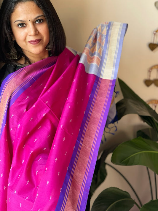 Pink Handwoven Ikat Dupatta Pure Silk-Cotton