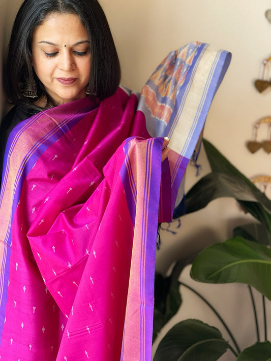 Pink Handwoven Ikat Dupatta Pure Silk-Cotton