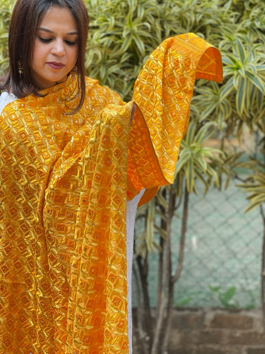 Yellow Designer Phulkari Dupatta in Chinon