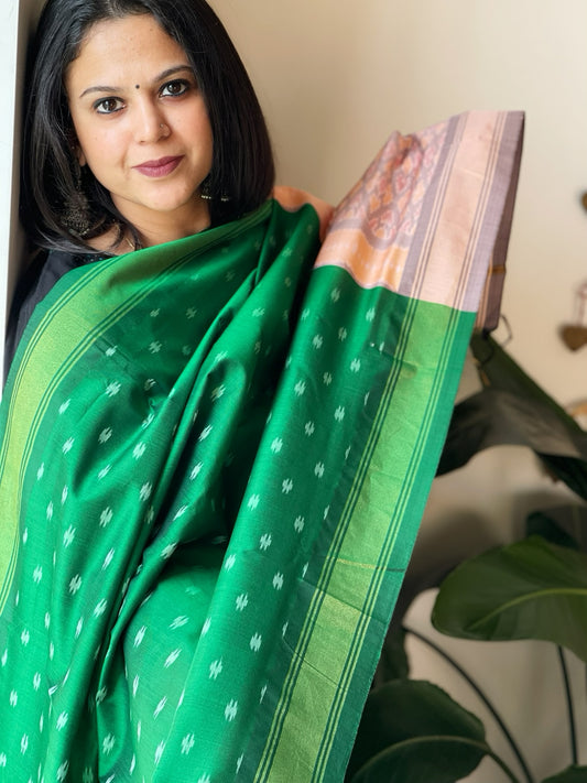 Green Handwoven Ikat Dupatta Pure Silk-Cotton