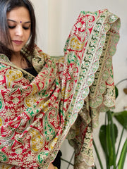 Red Chinon Dupatta with Aari Embroidery