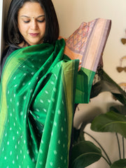 Green Handwoven Ikat Dupatta Pure Silk-Cotton