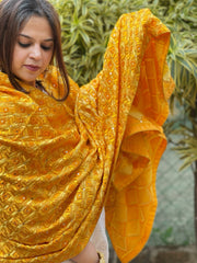 Yellow Designer Phulkari Dupatta in Chinon