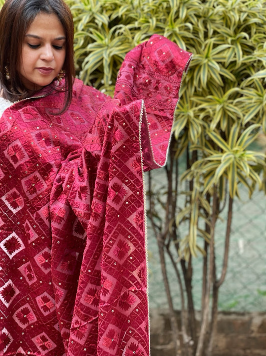 Reddish Maroon Designer Phulkari Dupatta in Chinon