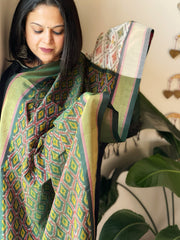 Deep Green Handwoven Ikat Dupatta Pure Silk-Cotton