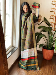 Deep Green Handwoven Ikat Dupatta Pure Silk-Cotton