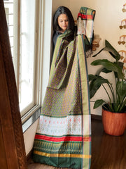 Deep Green Handwoven Ikat Dupatta Pure Silk-Cotton