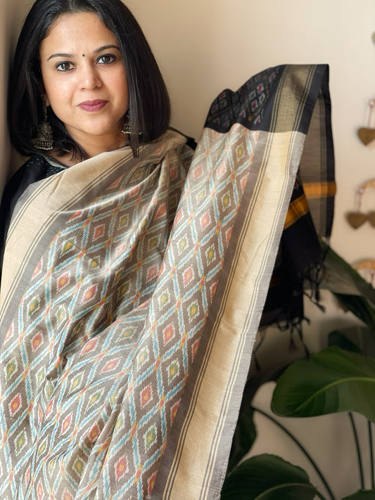 Brownish Grey Handwoven Ikat Dupatta Pure Silk-Cotton