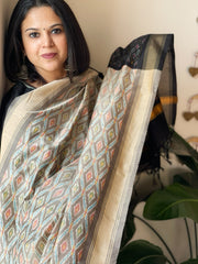 Brownish Grey Handwoven Ikat Dupatta Pure Silk-Cotton