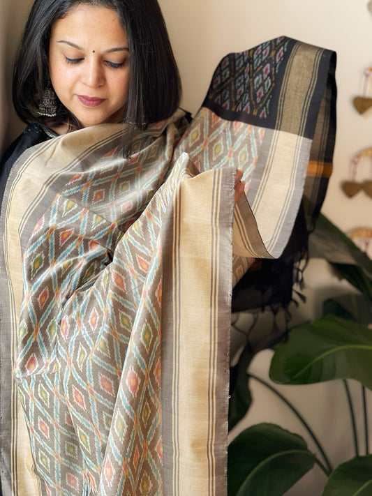 Brownish Grey Handwoven Ikat Dupatta Pure Silk-Cotton