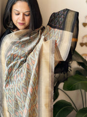 Brownish Grey Handwoven Ikat Dupatta Pure Silk-Cotton