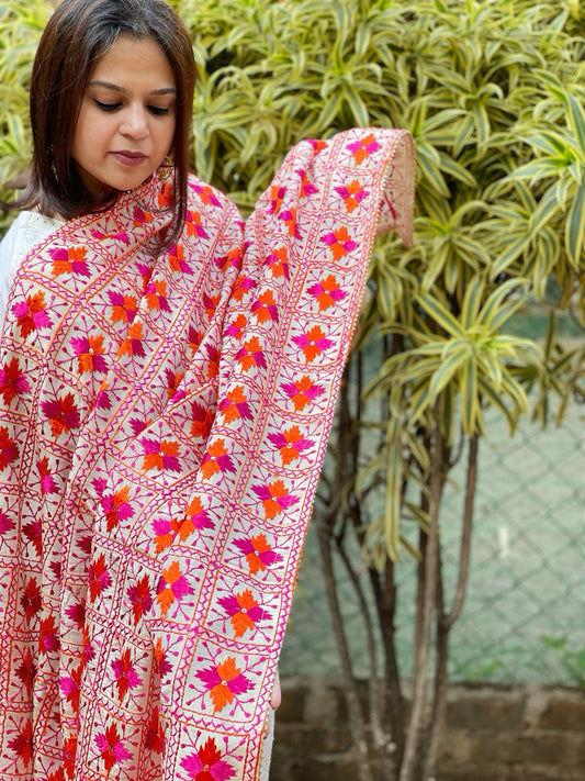 Orange, Pink, Cream Designer Phulkari Dupatta in Tissue