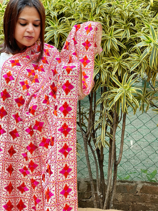 Orange, Pink, Cream Designer Phulkari Dupatta in Tissue