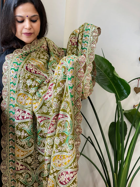 Mehendi Green Chinon Dupatta with Aari Embroidery