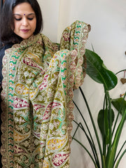 Mehendi Green Chinon Dupatta with Aari Embroidery