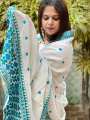 Cream Designer Phulkari Dupatta in Tissue
