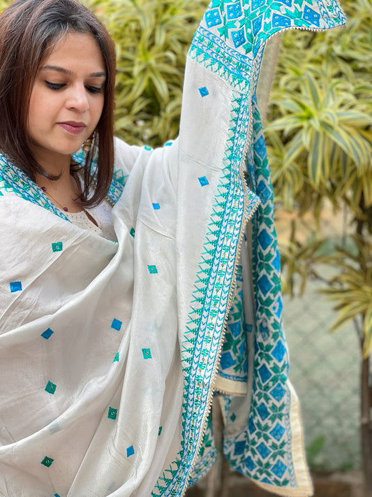 Cream Designer Phulkari Dupatta in Tissue