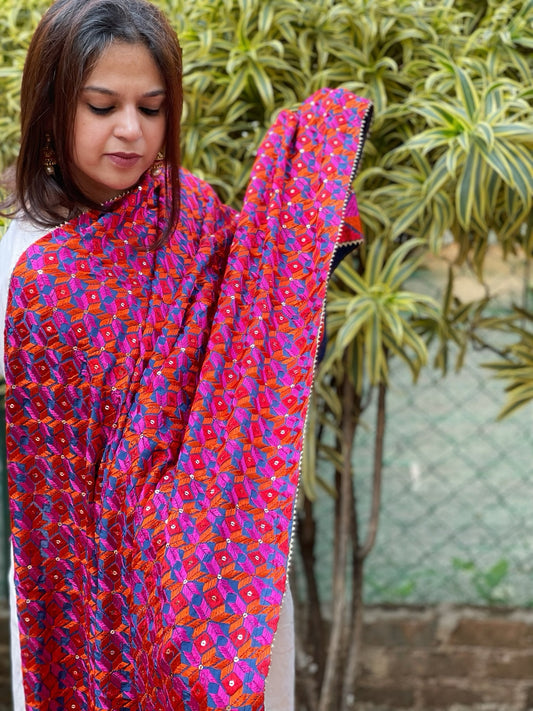 Reddish Maroon Designer Phulkari Dupatta in Chinon