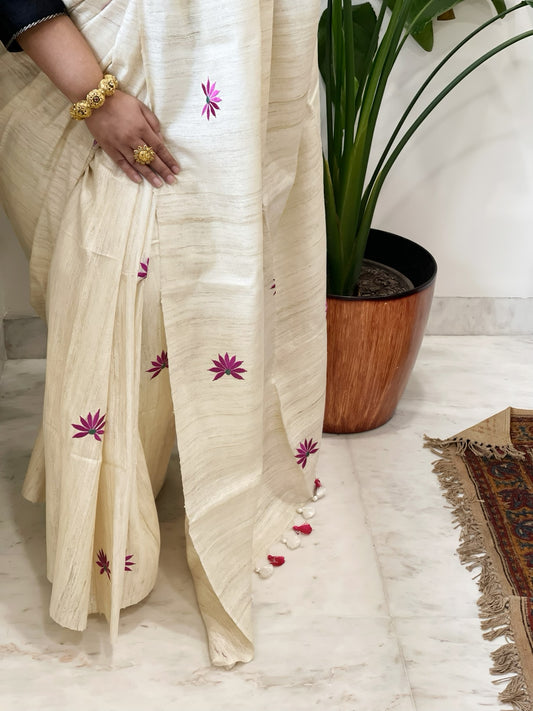 Cream Embroidered Saree in Pure Tussar-Geecha Silk
