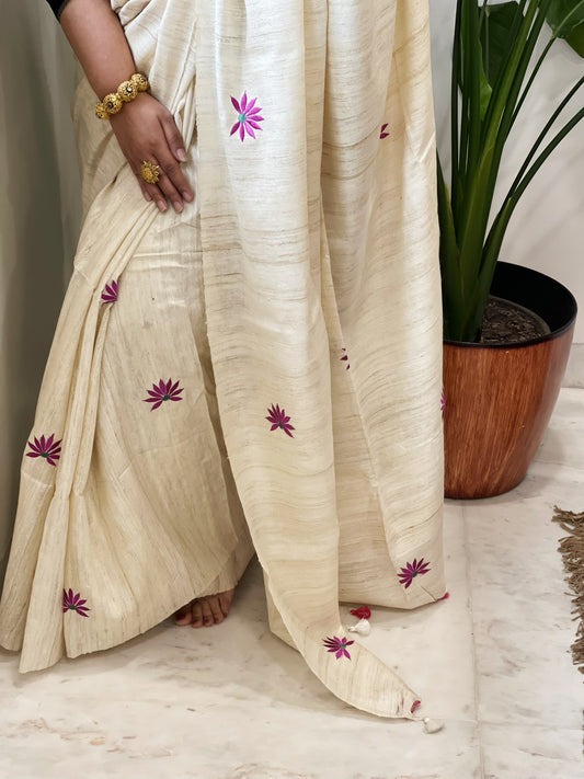 Cream Embroidered Saree in Pure Tussar-Geecha Silk