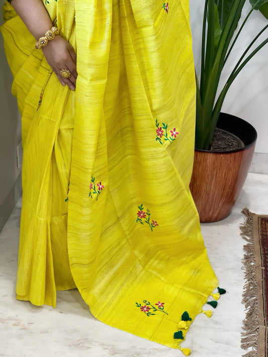Yellow Embroidered Saree in Pure Tussar-Geecha Silk