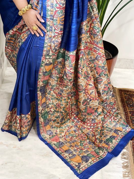 Royal Blue Handpainted Madhubani Saree in Pure Tussar-Geecha Silk