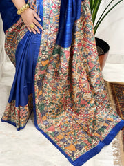 Royal Blue Handpainted Madhubani Saree in Pure Tussar-Geecha Silk