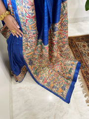 Royal Blue Handpainted Madhubani Saree in Pure Tussar-Geecha Silk