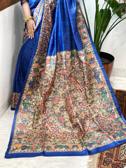 Royal Blue Handpainted Madhubani Saree in Pure Tussar-Geecha Silk