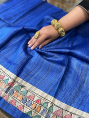 Royal Blue Handpainted Madhubani Saree in Pure Tussar-Geecha Silk