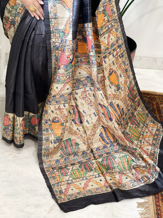 Graphite Black Handpainted Madhubani Saree in Pure Tussar-Geecha Silk