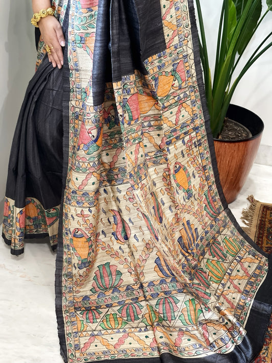 Graphite Black Handpainted Madhubani Saree in Pure Tussar-Geecha Silk