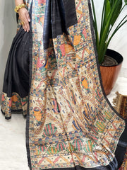 Graphite Black Handpainted Madhubani Saree in Pure Tussar-Geecha Silk