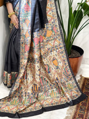 Graphite Black Handpainted Madhubani Saree in Pure Tussar-Geecha Silk
