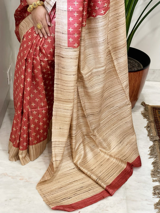 Carrot Red Printed Saree in Pure Tussar-Geecha Silk