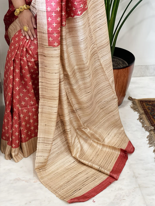 Carrot Red Printed Saree in Pure Tussar-Geecha Silk