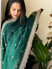 Bottle Green Organza dupatta with Sona Rupa Zari Weaving