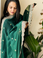 Bottle Green Organza dupatta with Sona Rupa Zari Weaving