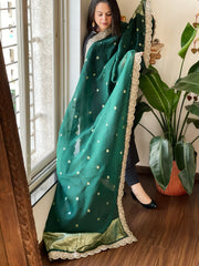 Bottle Green Organza dupatta with Sona Rupa Zari Weaving