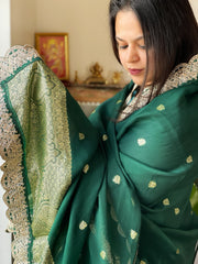 Bottle Green Organza dupatta with Sona Rupa Zari Weaving