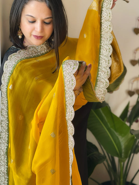 Yellow, Green Organza dupatta with Sona Rupa Zari Weaving