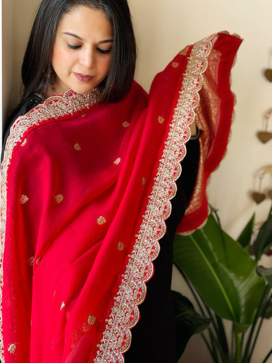 Red Organza dupatta with Sona Rupa Zari Weaving