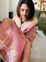 Pink Woven Banarasi Dupatta in Tissue