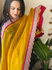 Yellow, Pink Organza dupatta with Sona Rupa Zari Weaving