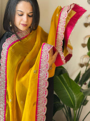 Yellow, Pink Organza dupatta with Sona Rupa Zari Weaving