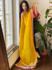 Yellow, Pink Organza dupatta with Sona Rupa Zari Weaving